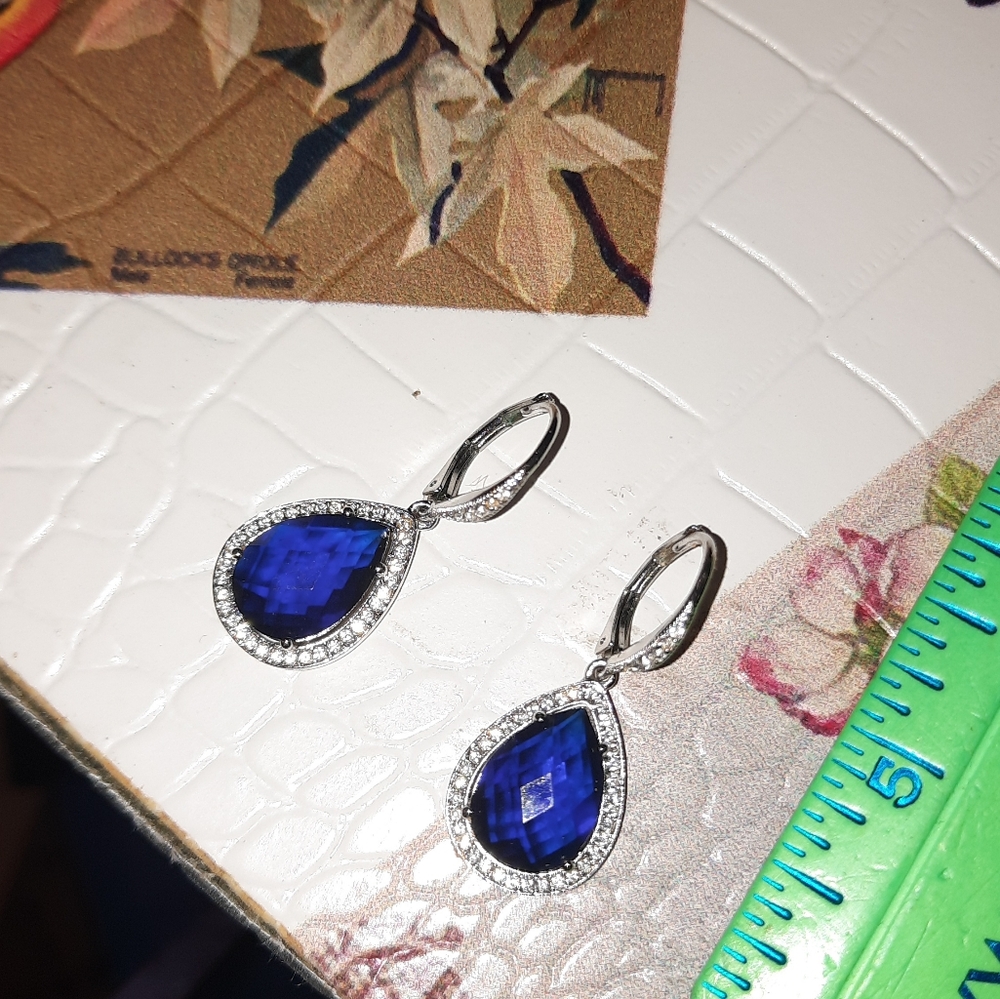 GENUINE NADRI WEDDING DANGLE EARRINGS Created Sapphire Sept Birthstone PLATINUM